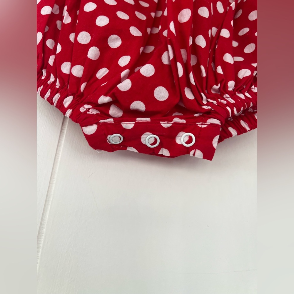Pleats & Stitches Mouse Ears Smocked Romper Red Polka Dot Minnie Bubble 6 Months - Picture 15 of 15